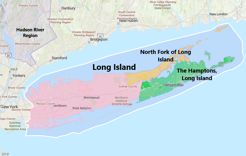 Map showing Nassau and Suffolk Counties